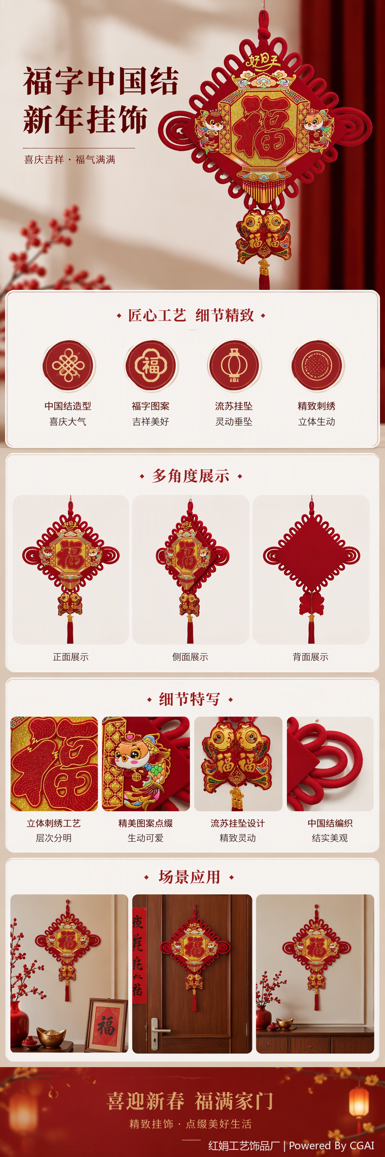 Red hand-woven Chinese knot pendant, auspicious meaning, home decoration, festival gift pendant, fabric pendant pic 1