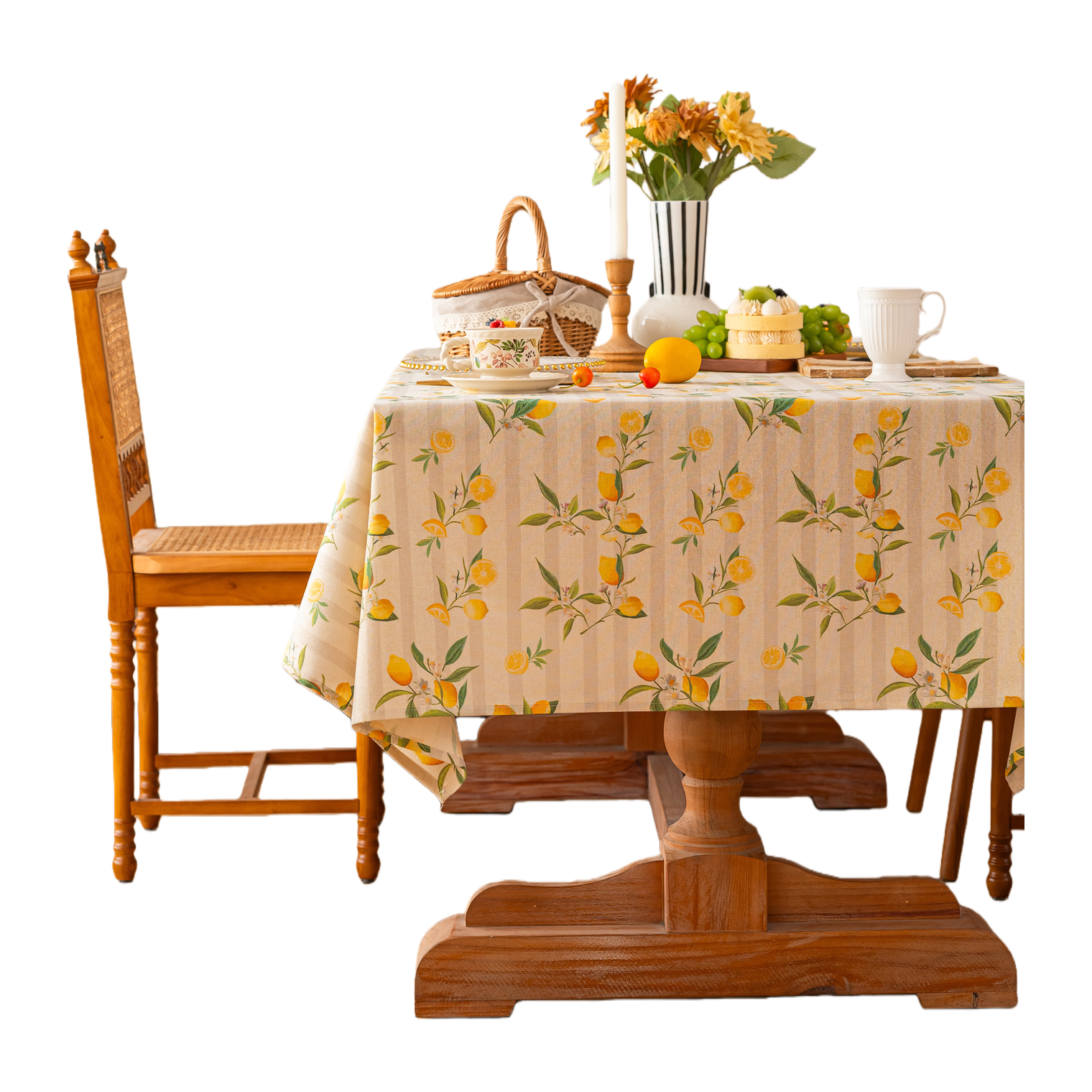 Tablecloth, lemon floral fabric, modern wooden long, round, multi-functional dining table, coffee table, three-piece set, dining chair combination, simple and fashionable for home use Item Picture