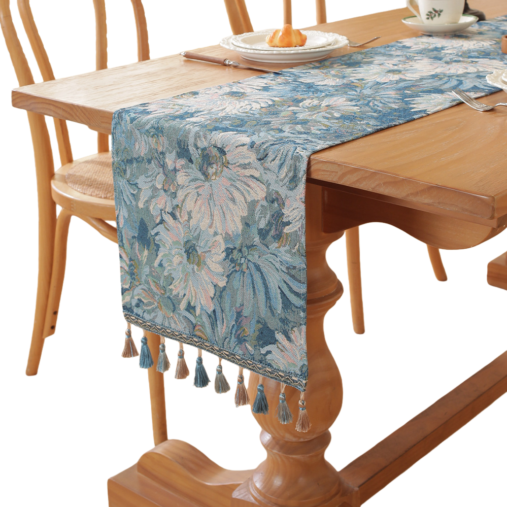 Azul estampado floral con borlas bandera de mesa bandera de té cross border paño parque sillas alfombrillas navideñas artículos de decoración decoración Vintage painterly table deco Item Picture