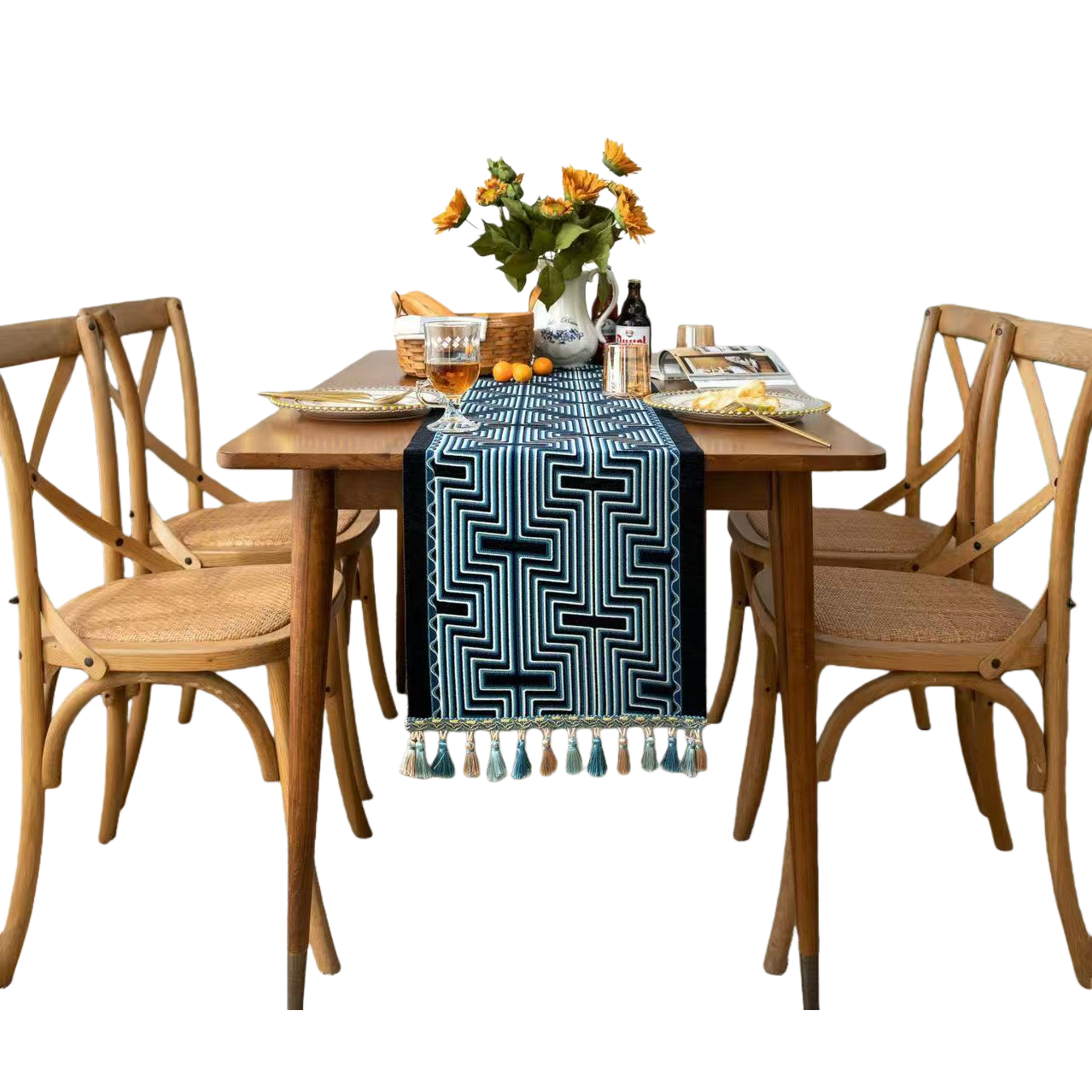 Bandera de mesa venta directa de fábrica azul geométrico flecos bandera de mesa almohadilla decorativa almohadilla de microondas tela de algodón puro clip inserto de tela suministros de arreglo de boda 143734971 Item Picture