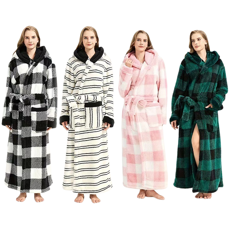 Más peluche caliente larga peluche albornoz cuatro cuadros rayas otoño mujeres pijamas ropa sexual algodón grueso venta directa de fábrica Item Picture