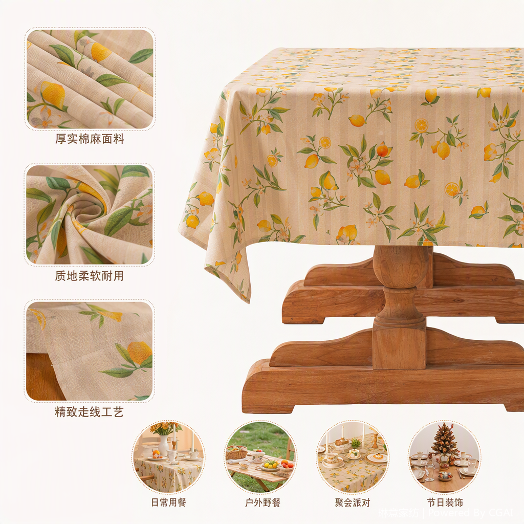 Tablecloth, lemon floral fabric, modern wooden long, round, multi-functional dining table, coffee table, three-piece set, dining chair combination, simple and fashionable for home use