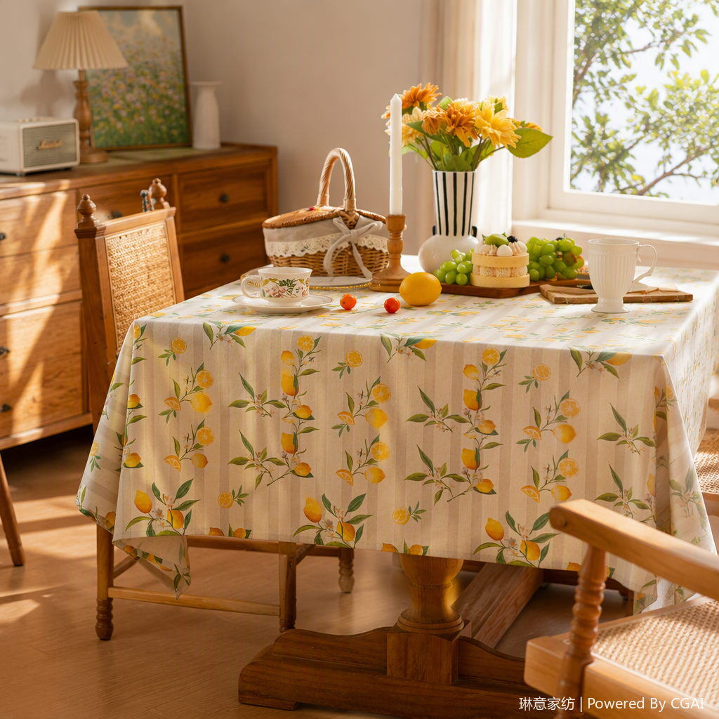 Tablecloth, lemon floral fabric, modern wooden long, round, multi-functional dining table, coffee table, three-piece set, dining chair combination, simple and fashionable for home use details Picture