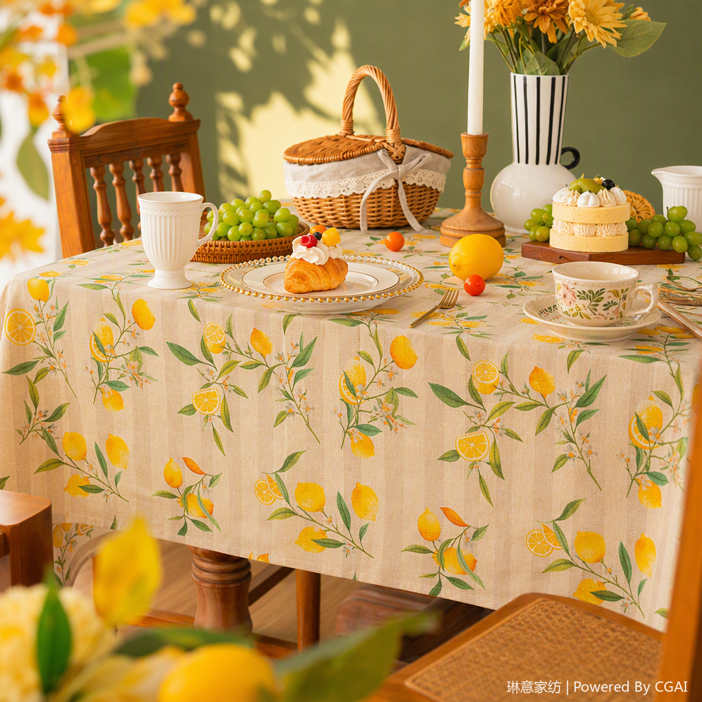 Tablecloth, lemon floral fabric, modern wooden long, round, multi-functional dining table, coffee table, three-piece set, dining chair combination, simple and fashionable for home use Specification image