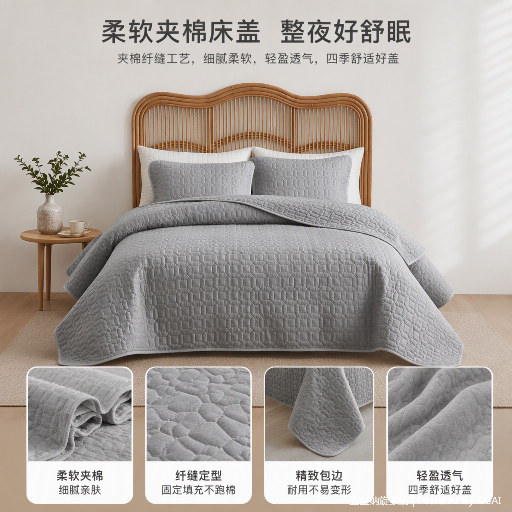 Soft and gentle cotton quilt core bed cover, warm and comfortable. Spring and autumn single and double bedding, bed cover, mattress cover, grey quilted quilt, bed three-piece set, polyester taf comfortable, soft and warm bedding set