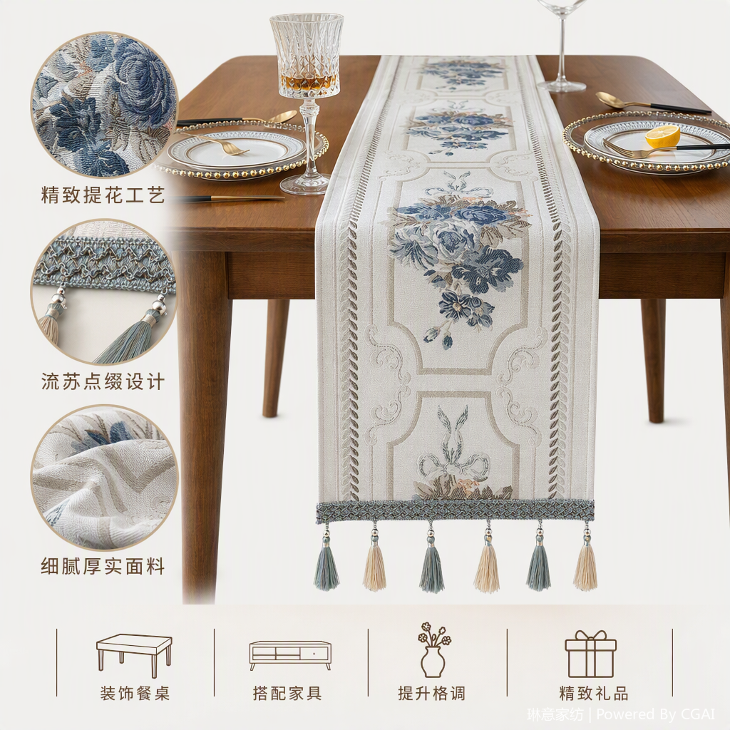 Blue floral embroidered tea flags, Christmas table MATS, fabric park one-piece chairs, decorative tablecloths, cross-border household items