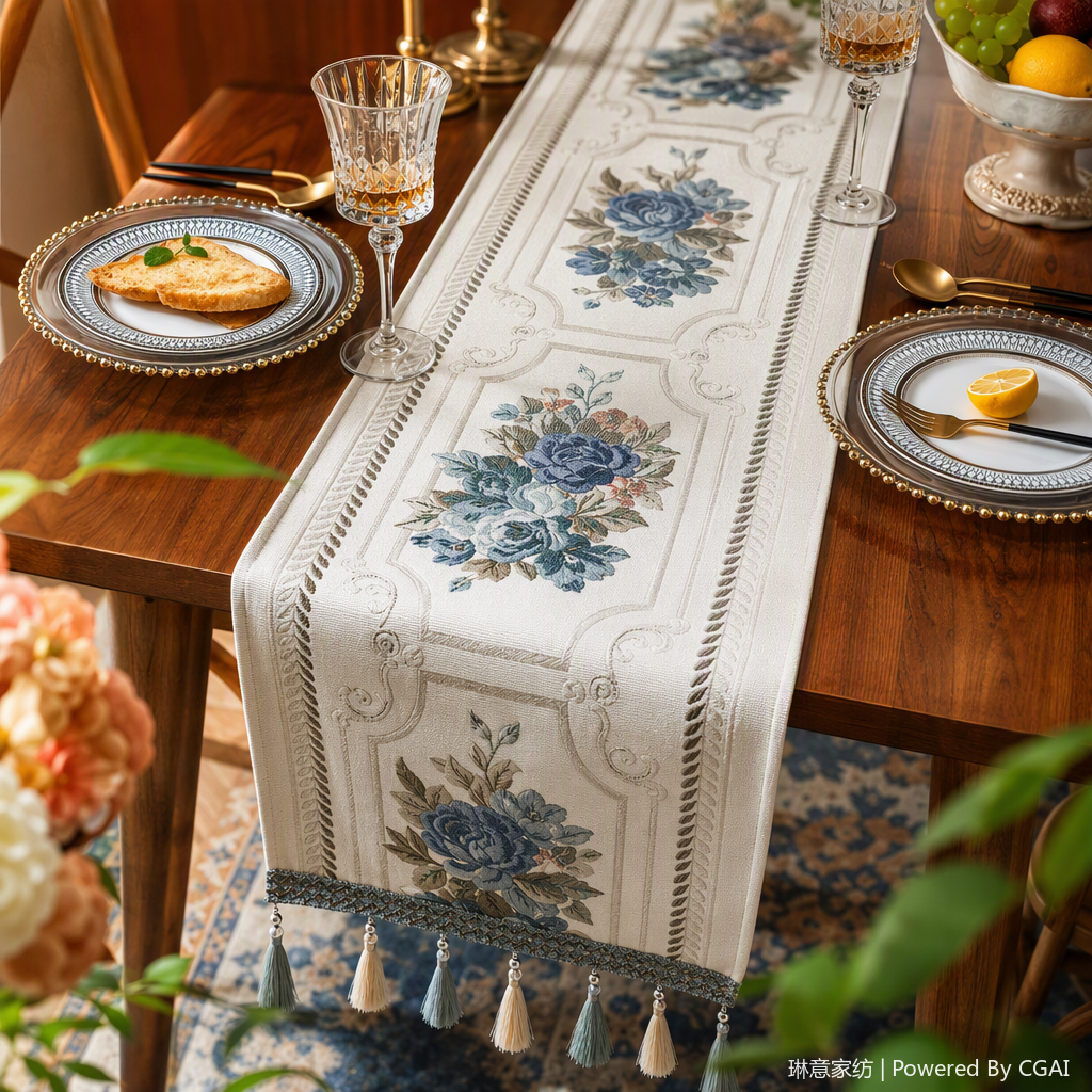 Flores azules bordado bandera de té alfombrillas navideñas paño parque sillas de una pieza decoración mantel crossover artículos para el hogar Specification image