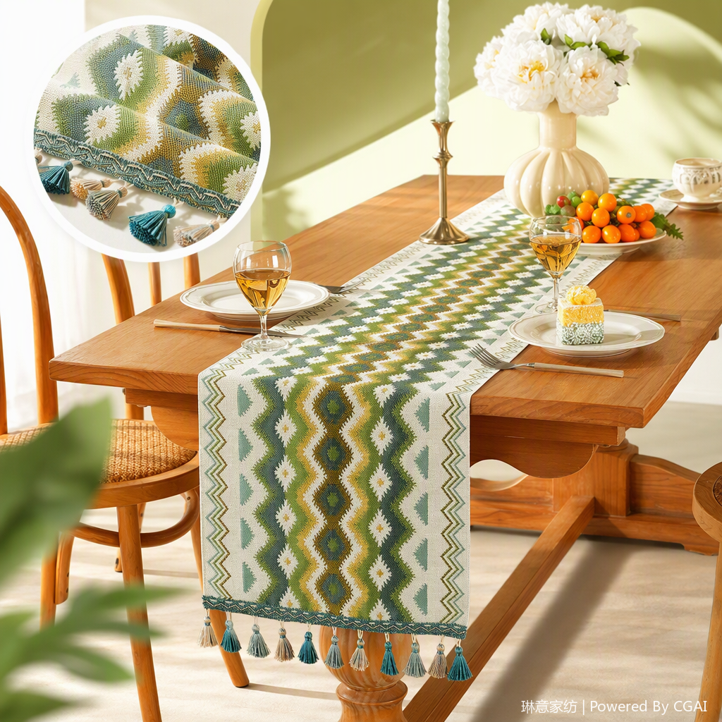 Bandera de la mesa venta directa de fábrica patrón geométrico verde bandera de la mesa de borla emparejada con mesa de comedor de madera y conjunto de sillas visitantes de banquete mesa de comedor redonda y combinación de sillas Specification image