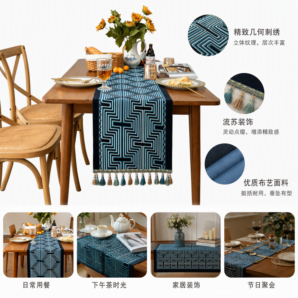 Bandera de mesa venta directa de fábrica azul geométrico flecos bandera de mesa almohadilla decorativa almohadilla de microondas tela de algodón puro clip inserto de tela suministros de arreglo de boda 143734971