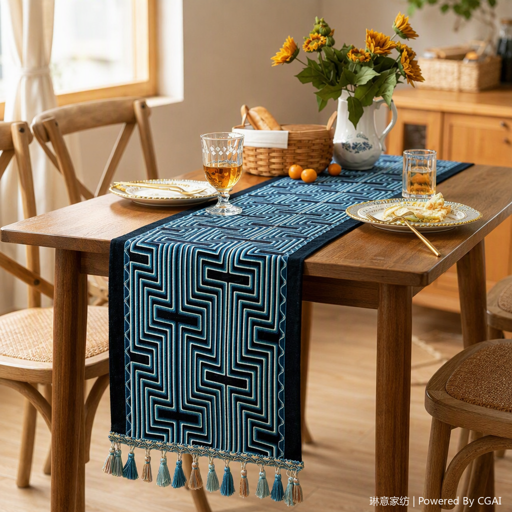 Bandera de mesa venta directa de fábrica azul geométrico flecos bandera de mesa almohadilla decorativa almohadilla de microondas tela de algodón puro clip inserto de tela suministros de arreglo de boda 143734971 details Picture