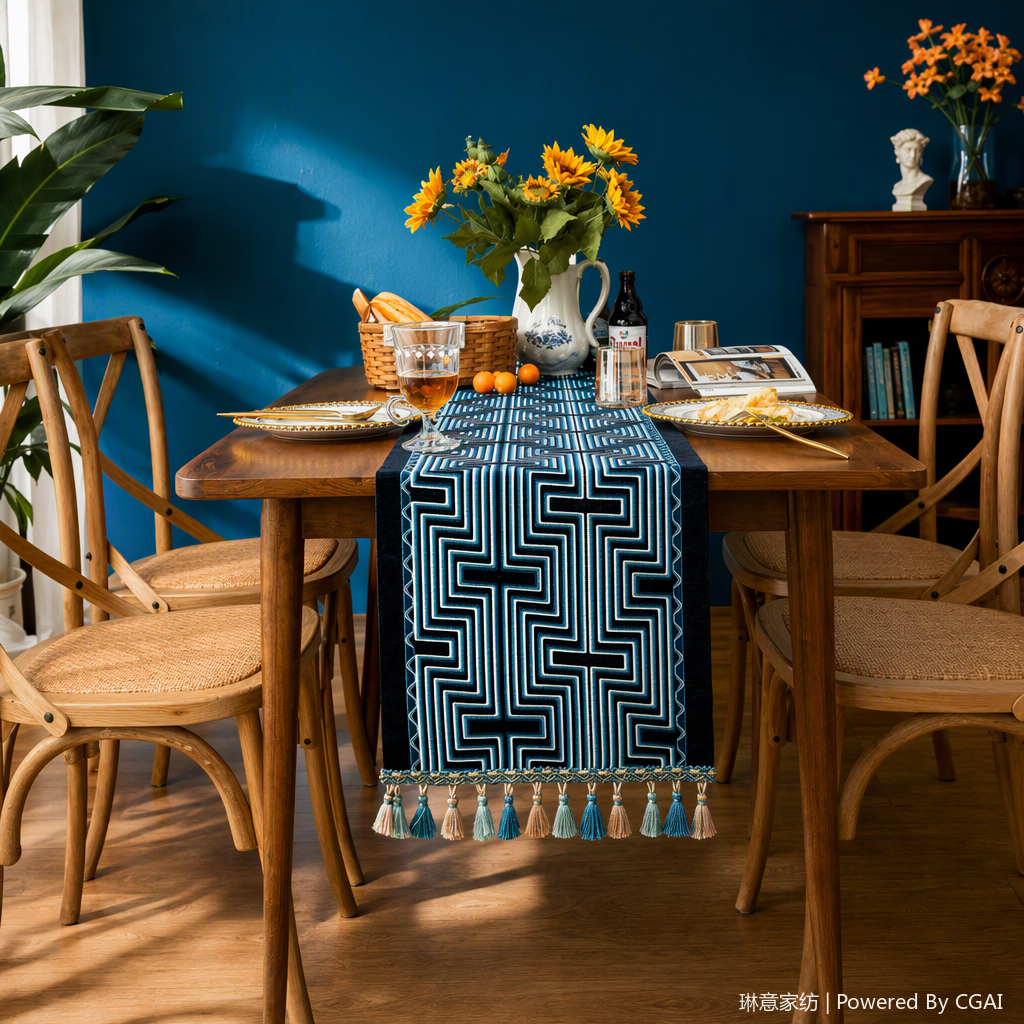 Bandera de mesa venta directa de fábrica azul geométrico flecos bandera de mesa almohadilla decorativa almohadilla de microondas tela de algodón puro clip inserto de tela suministros de arreglo de boda 143734971 Specification image