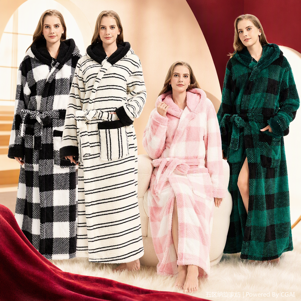 Más peluche caliente larga peluche albornoz cuatro cuadros rayas otoño mujeres pijamas ropa sexual algodón grueso venta directa de fábrica Specification image