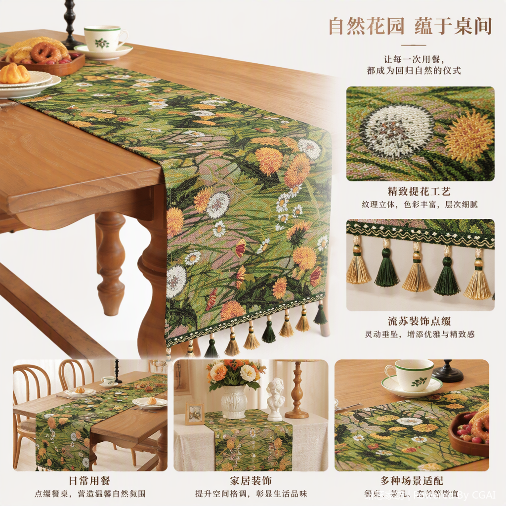 Direct sales from the table flag manufacturer: Green flower pattern table flags, wooden dining tables, decorative imitation flowers, woolen flower art products, rose balls for worship, paper flowers, dancing orchids, and decorative items