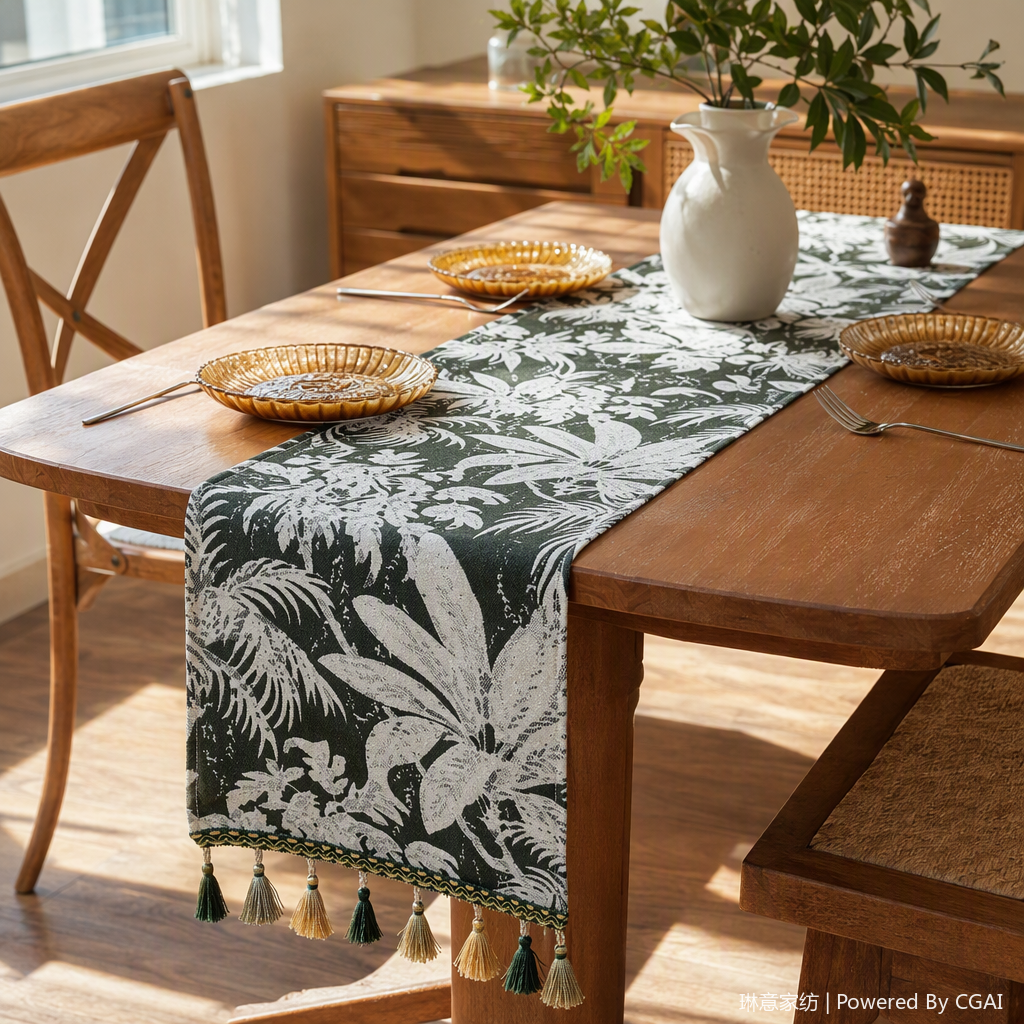 Bandera de mesa venta directa de fábrica pintura decorativa moderna verde arroz blanco diseño de plantas tropicales bandera de mesa musulmana cristal porcelana marco de foto de bienvenida pino colgante pintor decoración de casa details Picture