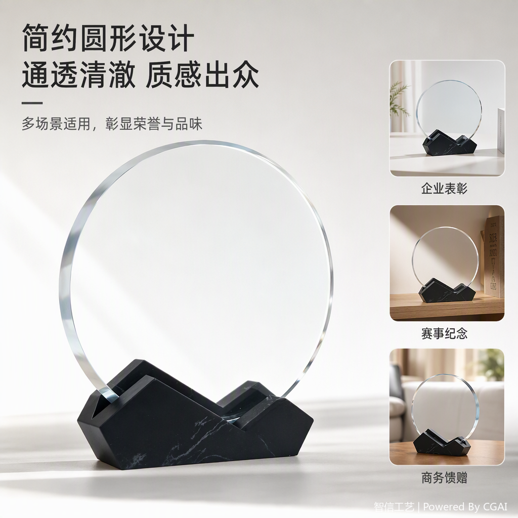 黑色大理石底座圆形玻璃镜现代简约家居装饰桌面镜子创意摆件