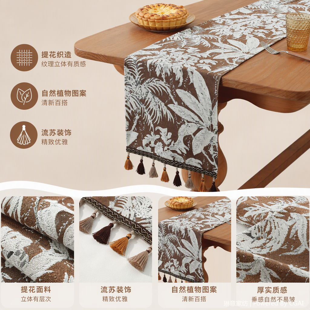 Direct sales from the table flag manufacturer: Tropical plant pattern brown and white table flags, simple and fashionable home decoration, office and meeting supplies, tablecloths
