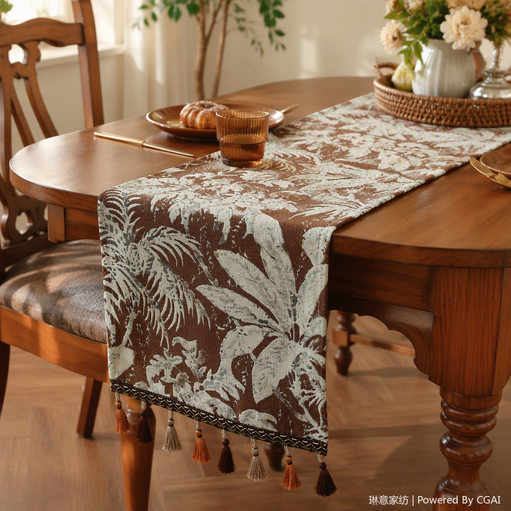 Bandera de mesa venta directa de fábrica planta tropical patrón marrón y blanco bandera de mesa simple moda decoración del hogar oficina suministros de conferencia tela de mesa details Picture