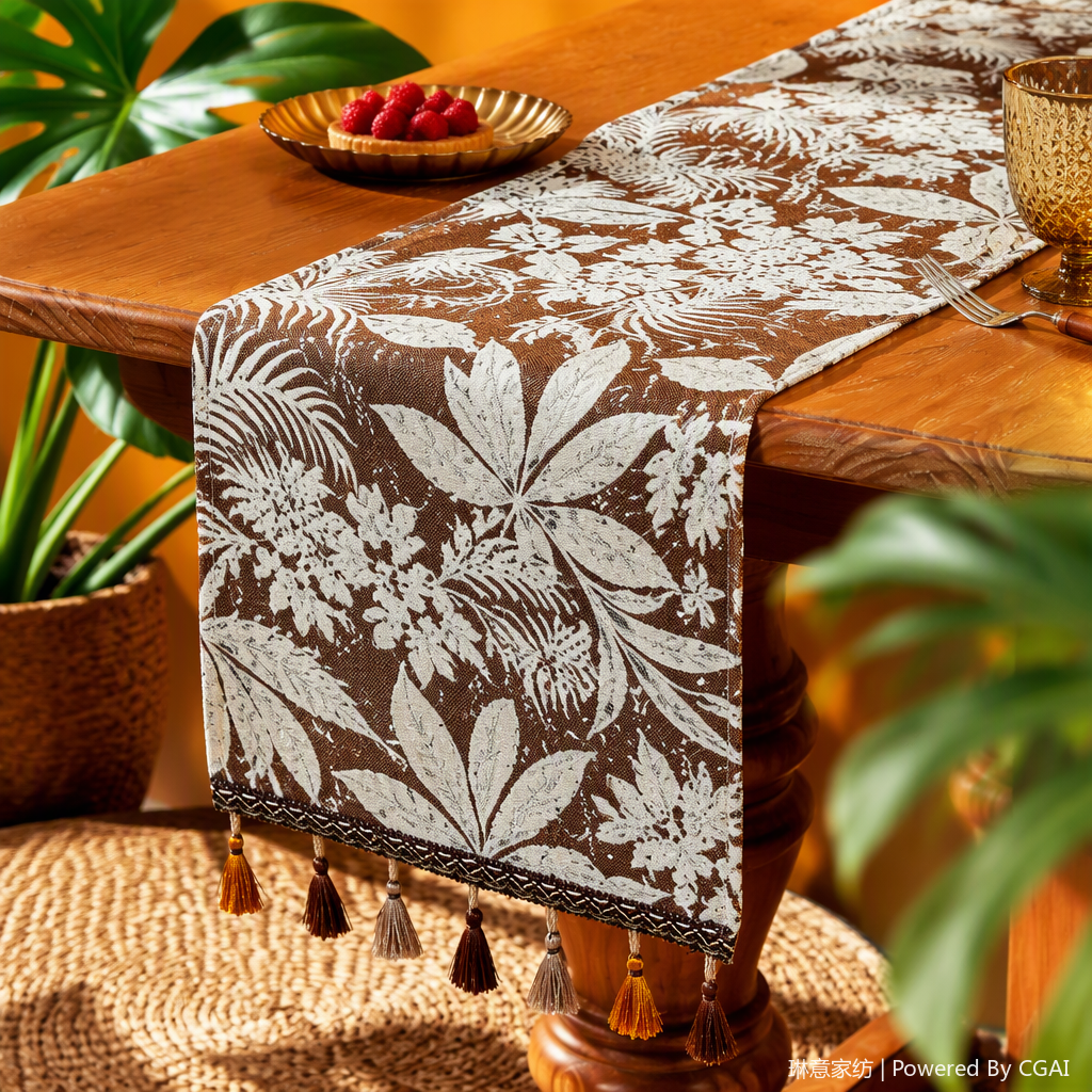 Bandera de mesa venta directa de fábrica planta tropical patrón marrón y blanco bandera de mesa simple moda decoración del hogar oficina suministros de conferencia tela de mesa Specification image
