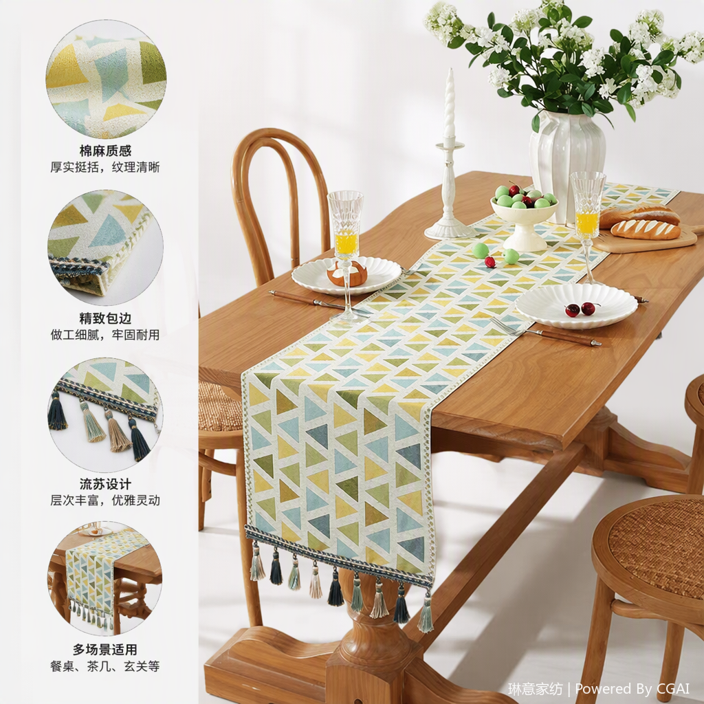Bandera de mesa venta directa de fábrica patrón geométrico bandera de mesa de borla con madera mesa redonda de comedor conjunto de sillas silla de visitante de banquete combinación