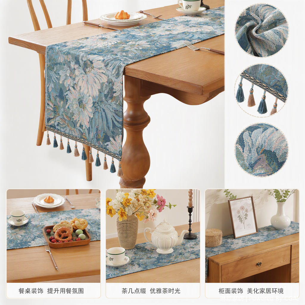 Azul estampado floral con borlas bandera de mesa bandera de té cross border paño parque sillas alfombrillas navideñas artículos de decoración decoración Vintage painterly table deco