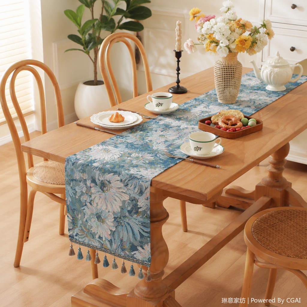 Azul estampado floral con borlas bandera de mesa bandera de té cross border paño parque sillas alfombrillas navideñas artículos de decoración decoración Vintage painterly table deco details Picture