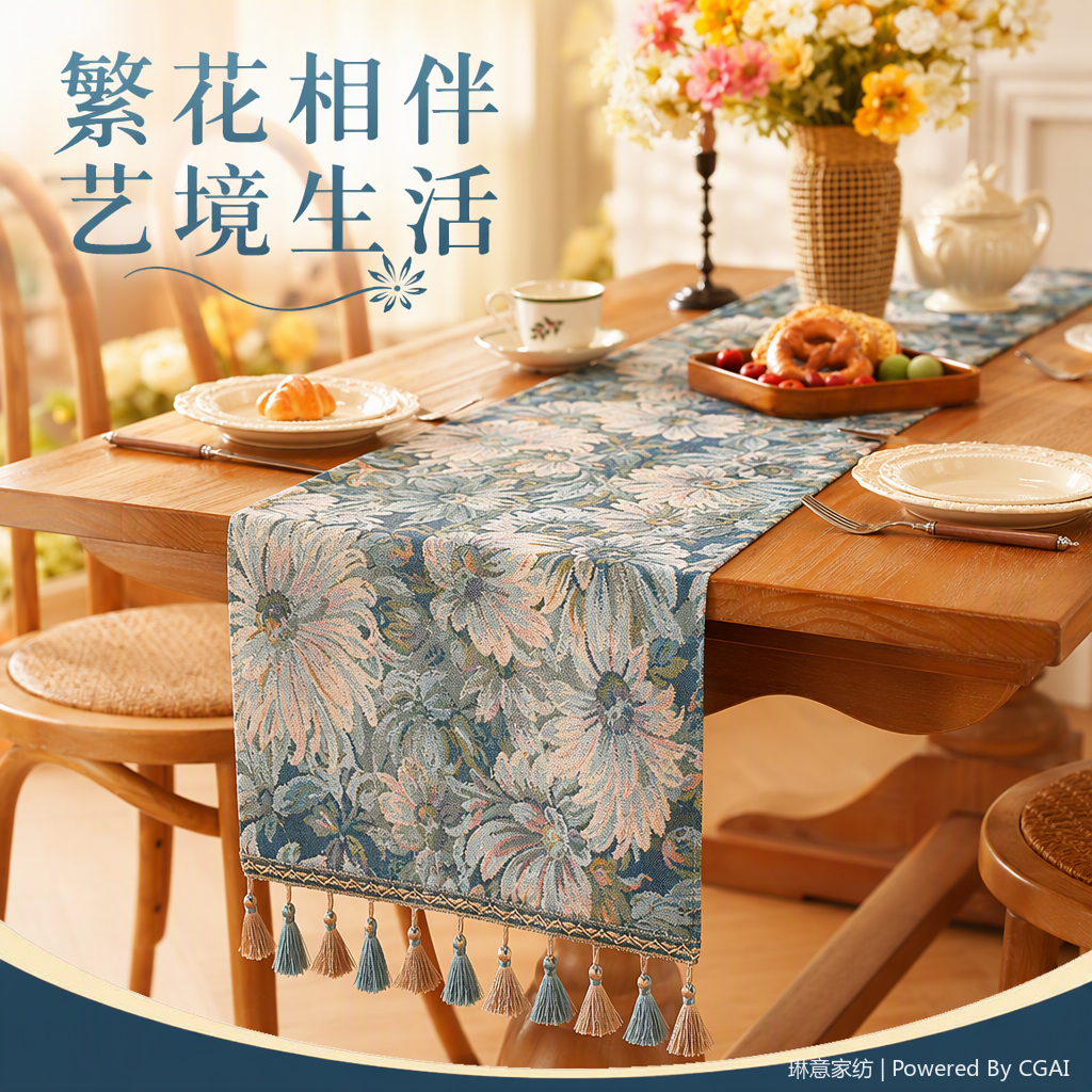 Azul estampado floral con borlas bandera de mesa bandera de té cross border paño parque sillas alfombrillas navideñas artículos de decoración decoración Vintage painterly table deco Specification image