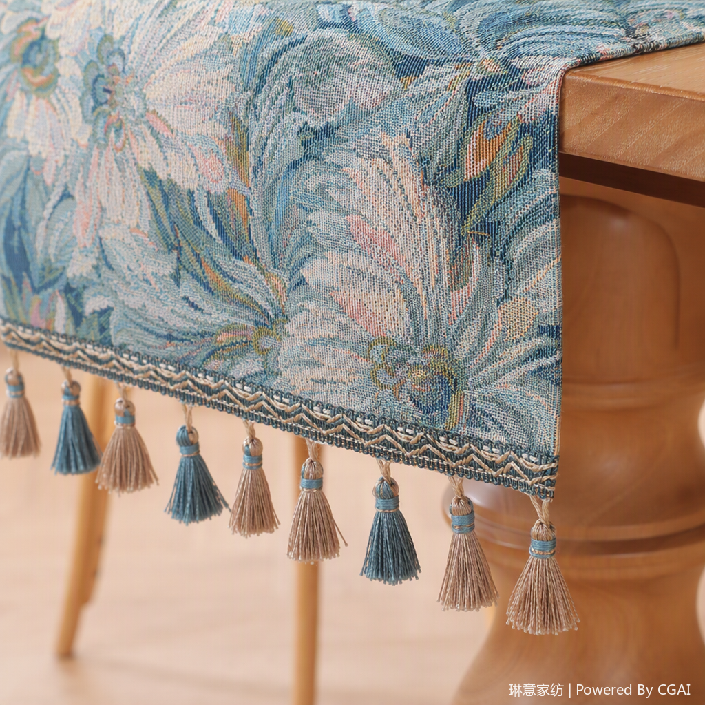 Azul estampado floral con borlas bandera de mesa bandera de té cross border paño parque sillas alfombrillas navideñas artículos de decoración decoración Vintage painterly table deco Application Scenario