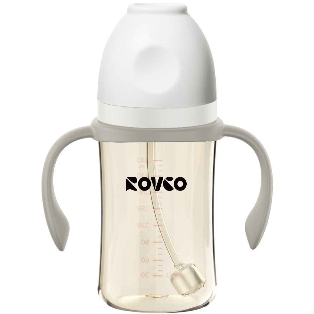 【OSEO】26Q4#N1065-2 leak-proof and heat-resistant transparent baby bottle with grey handle bottle cover, baby feeding products, baby bottle accessories Item Picture