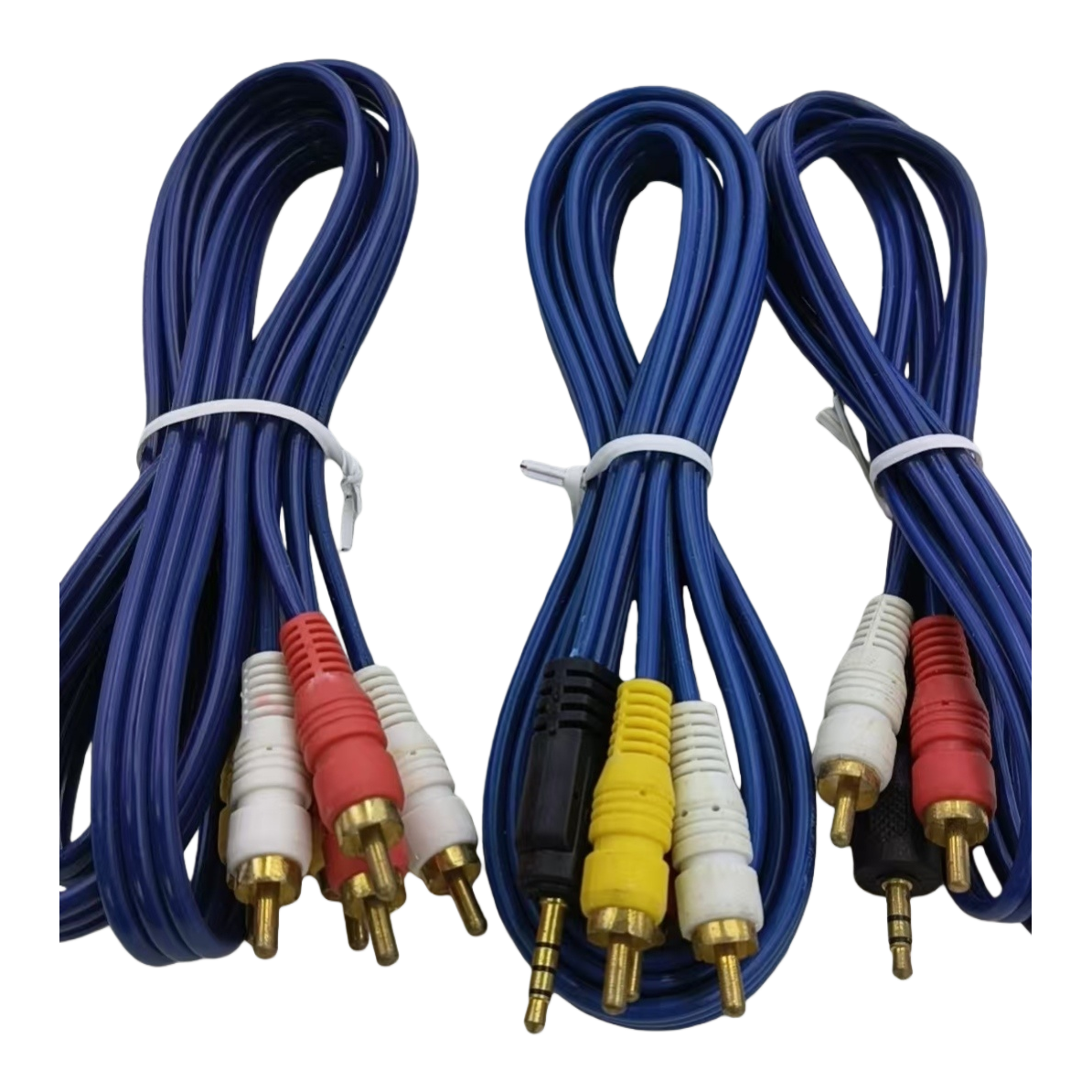 وصلات سمعية وبصرية زرقاء من ثلاث مجموعات من وحدات RCA وكابلات مقابس من عيار 3.5 ملم من الأسلاك السمعية -البصرية متعددة الأغراض ذات نقل عالي الوضوح Item Picture