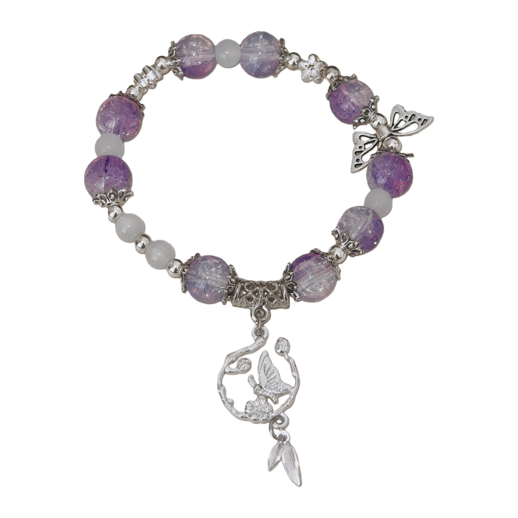 Purple and white beaded silver butterfly pendant bracelet, a fashionable and elegant ladies' accessory gift Item Picture
