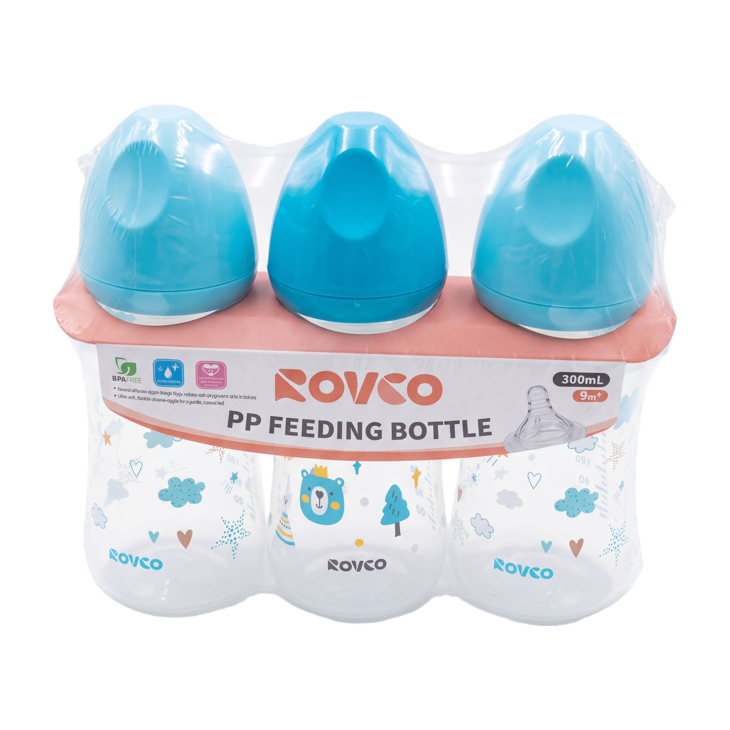 【OSEO】26Q4#W1022-1 ROVCO baby Bottle Three-in-one Set with blue cap made of PP material, suitable for feeding infants and young children in three packs Item Picture