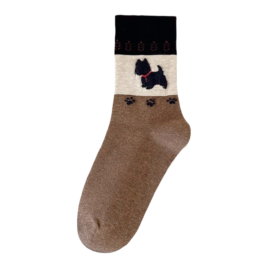 Comfortable brown thigh-high socks with Scottish Terrier patterns, casual and sporty men's and women's fashionable and trendy socks Item Picture