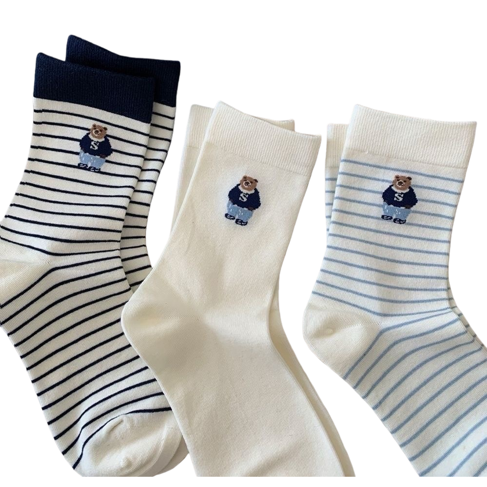 Lindo oso bordado rayas calcetines cómodo transpirable niños estudiantes casual deportes calcetines tendencia versátil Item Picture