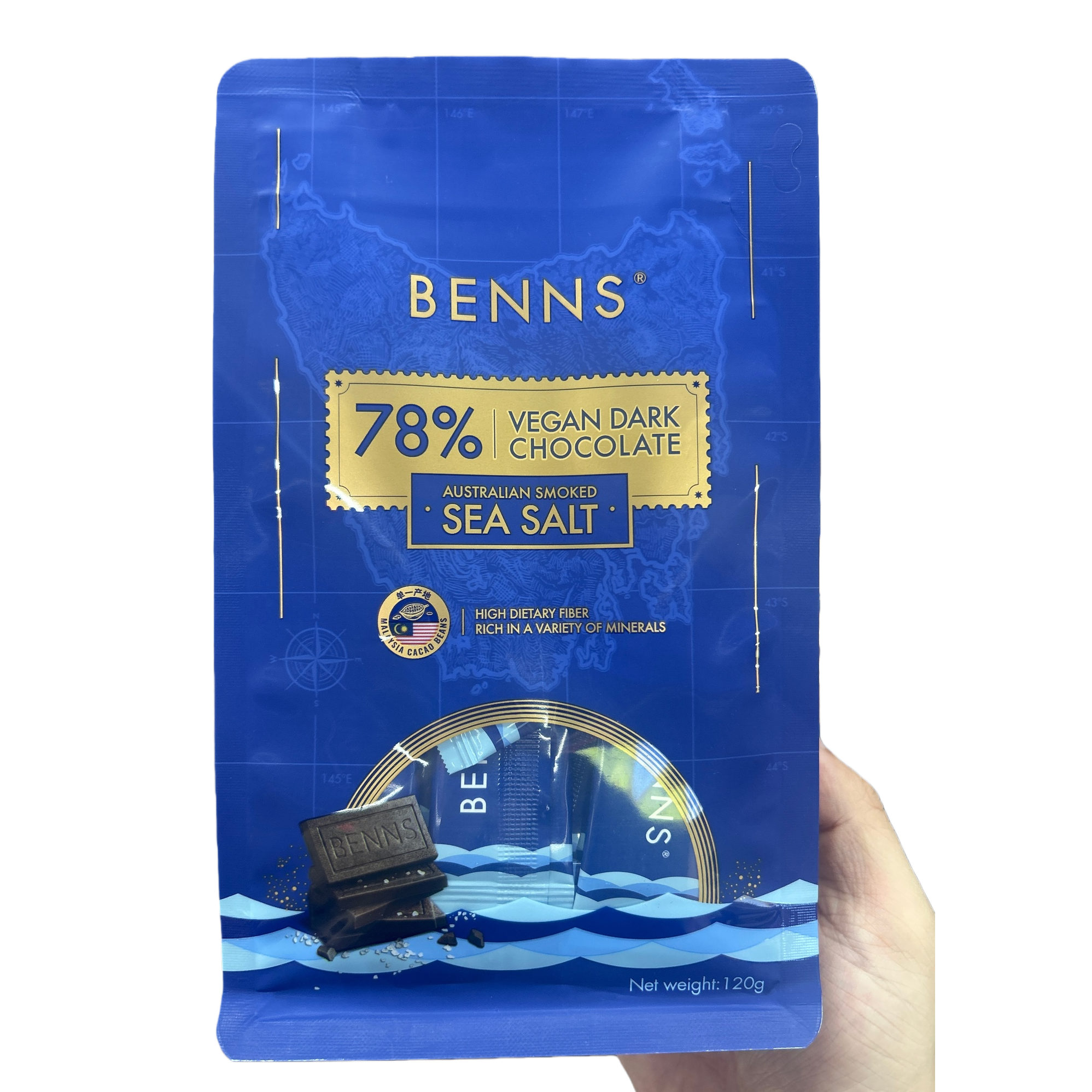 Benns Vietnamese Dark Chocolate 78% Australian smoked Sea Salt Flavor blue packaging Bag Snack Chocolate Gift box Item Picture
