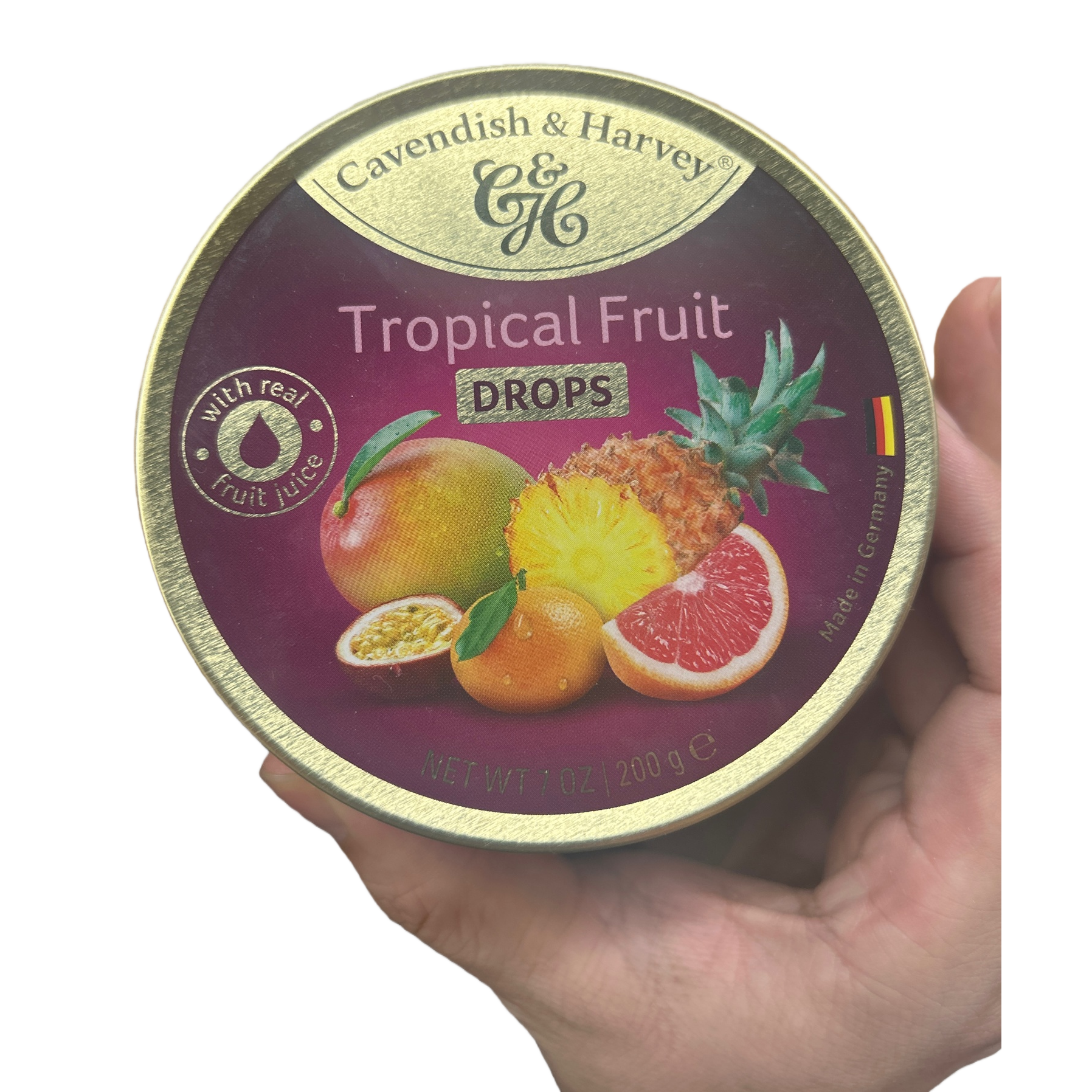 Dorado redondo enlatado dulce de frutas tropicales Cavendish Harvey tropical frutado gommy snacks casuales Item Picture