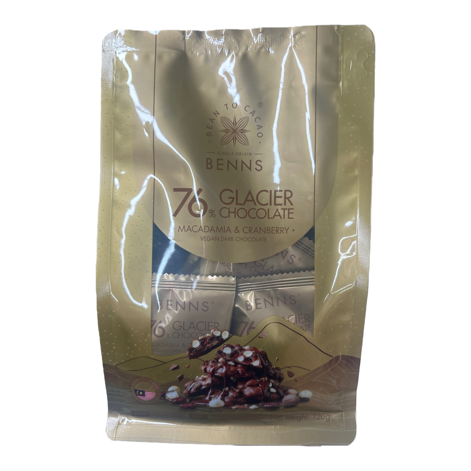 Benns Macadamia cranberry Flavored Vegan Dark Chocolate, golden packaging bag, 76% Rich, mellow and healthy snack Item Picture