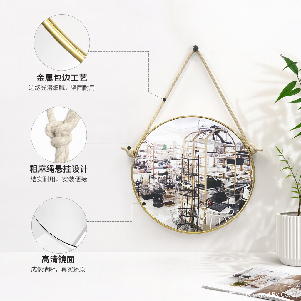 金色边框圆形挂壁镜麻绳悬挂装饰简约现代家居装饰品艺术镜子