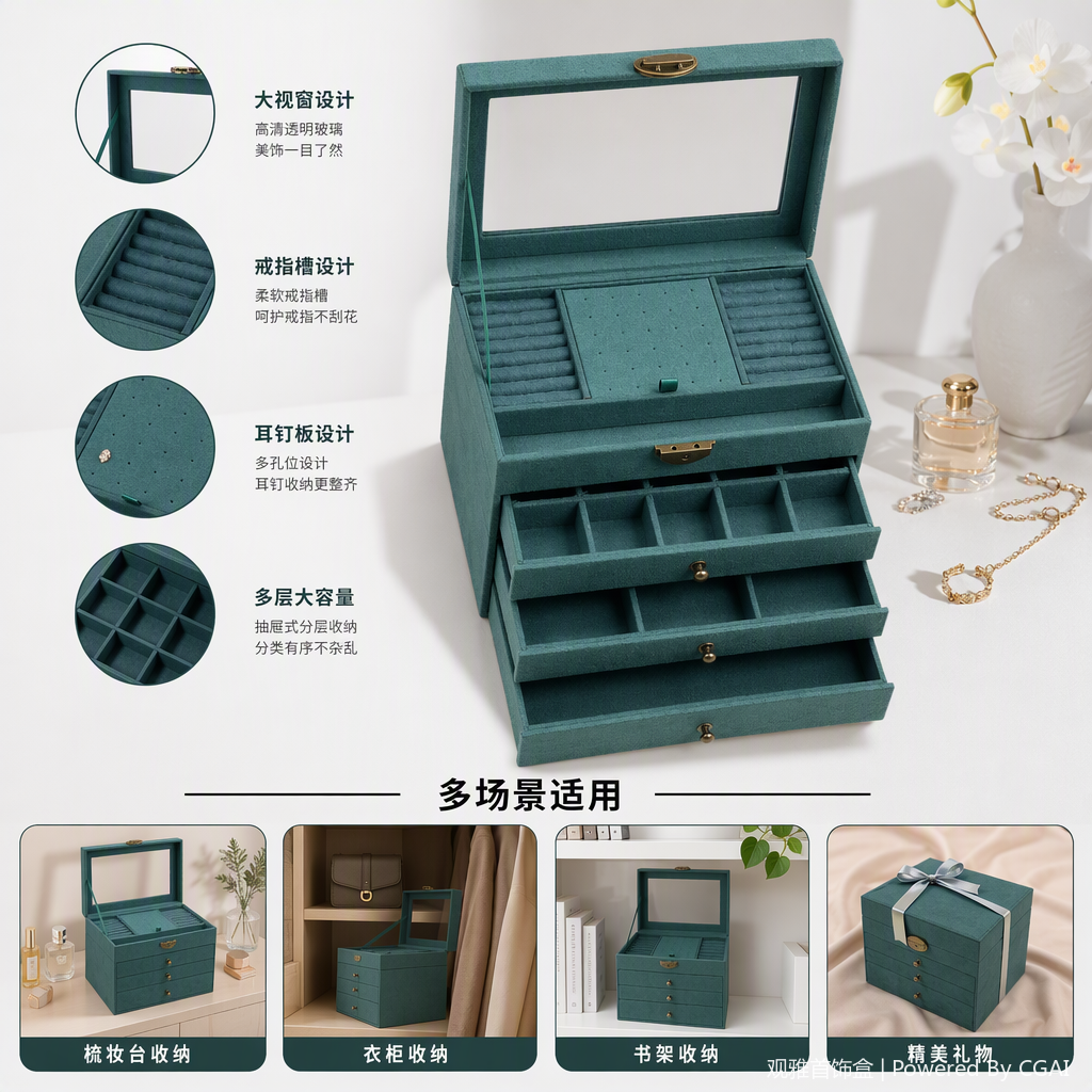 Dark green suede multi-layer jewelry storage box with glass cover, jewelry storage cabinet, storage box, household storage box