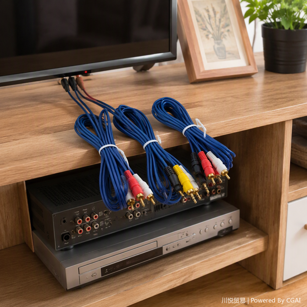 وصلات سمعية وبصرية زرقاء من ثلاث مجموعات من وحدات RCA وكابلات مقابس من عيار 3.5 ملم من الأسلاك السمعية -البصرية متعددة الأغراض ذات نقل عالي الوضوح details Picture