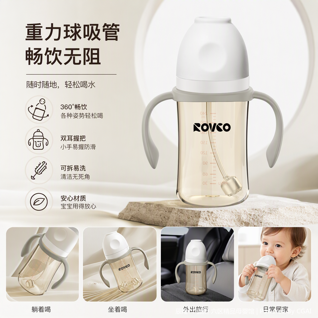 【OSEO】26Q4#N1065-2 leak-proof and heat-resistant transparent baby bottle with grey handle bottle cover, baby feeding products, baby bottle accessories