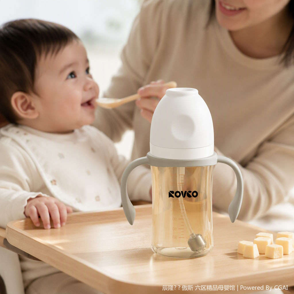 【OSEO】26Q4#N1065-2 leak-proof and heat-resistant transparent baby bottle with grey handle bottle cover, baby feeding products, baby bottle accessories details Picture