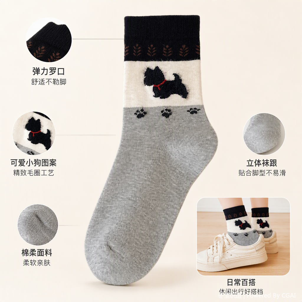 Fashionable grey thigh-high socks with black puppy patterns, casual, sporty, trendy and versatile socks for women and men, autumn and winter styles