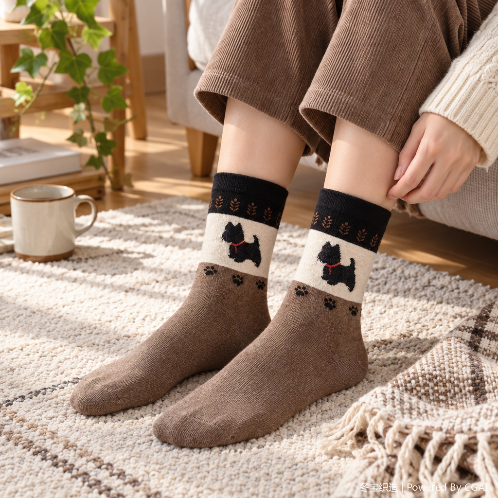 Comfortable brown thigh-high socks with Scottish Terrier patterns, casual and sporty men's and women's fashionable and trendy socks details Picture