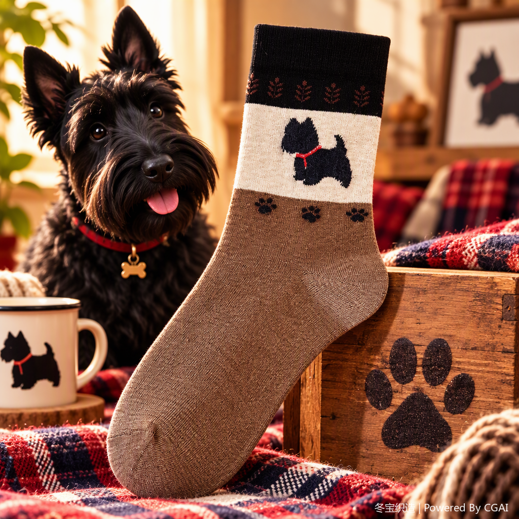 Comfortable brown thigh-high socks with Scottish Terrier patterns, casual and sporty men's and women's fashionable and trendy socks Specification image