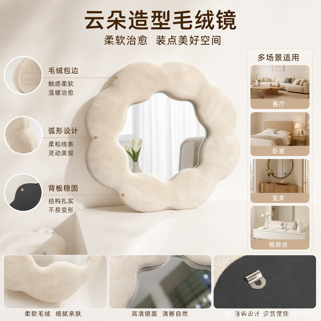 米白色绒面云朵造型化妆镜可爱创意桌面装饰美妆镜子礼品赠品