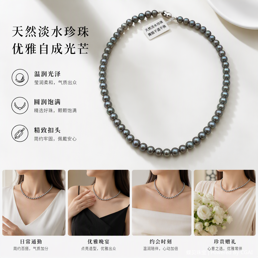 Elegant and stylish grey pearl necklace, a fashionable and versatile women's inlaid accessory, a classic gift