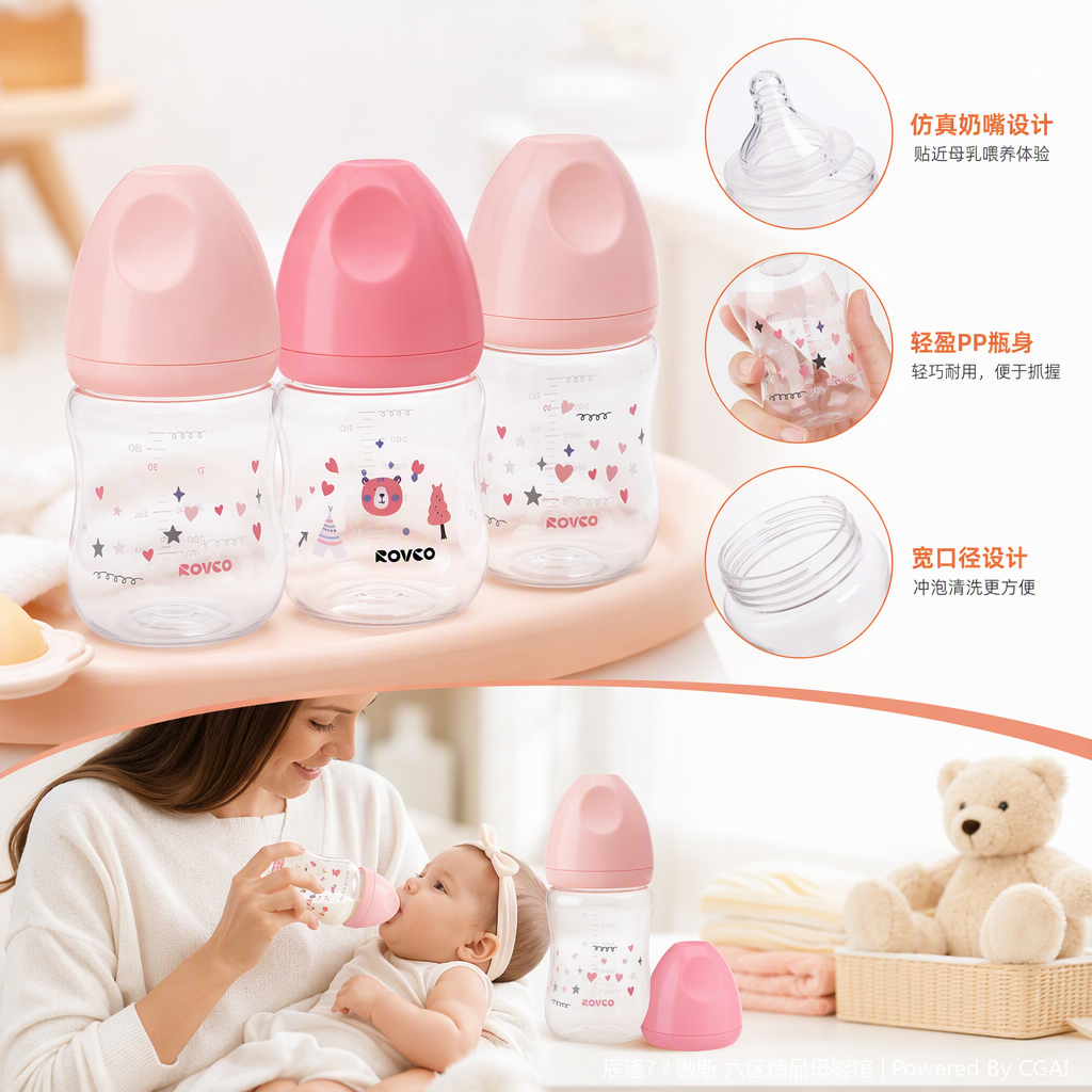 【OSEO】26Q4#W1004-2 ROVCO baby bottle three-in-one, pink cap, three-piece set, PP material, safety and anti-drop baby feeding product
