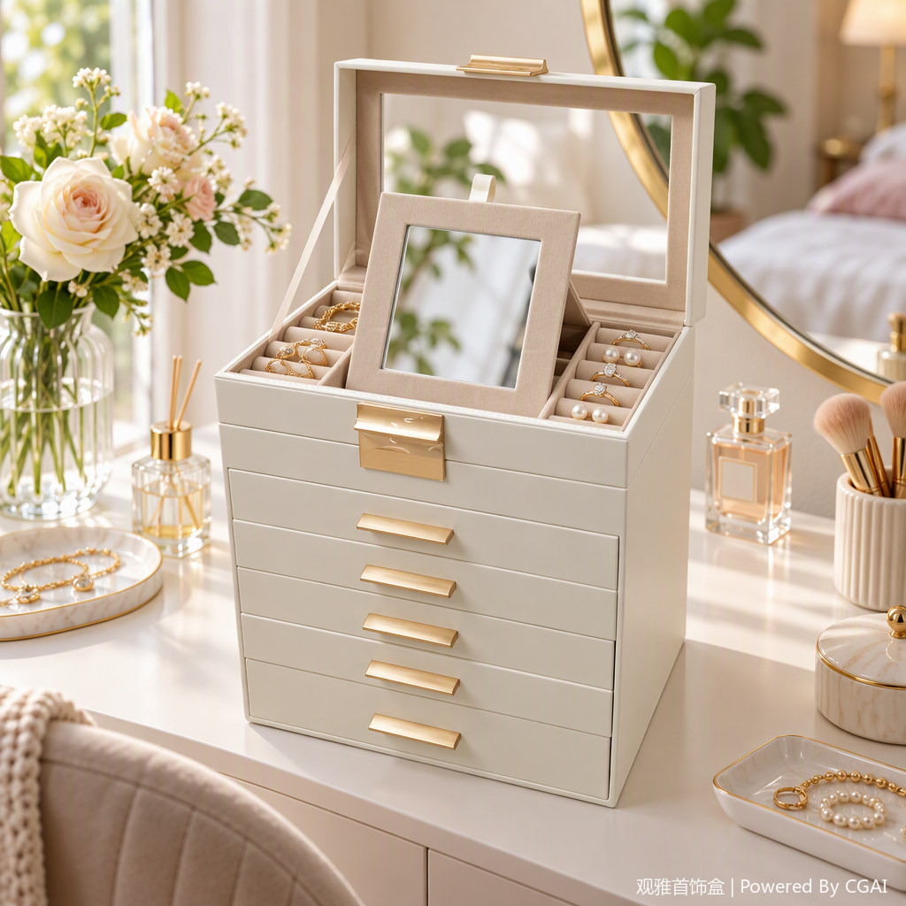 Multi-layer white jewelry storage box, organizing box, jewelry box, storage cabinet, storage box, home simple design details Picture