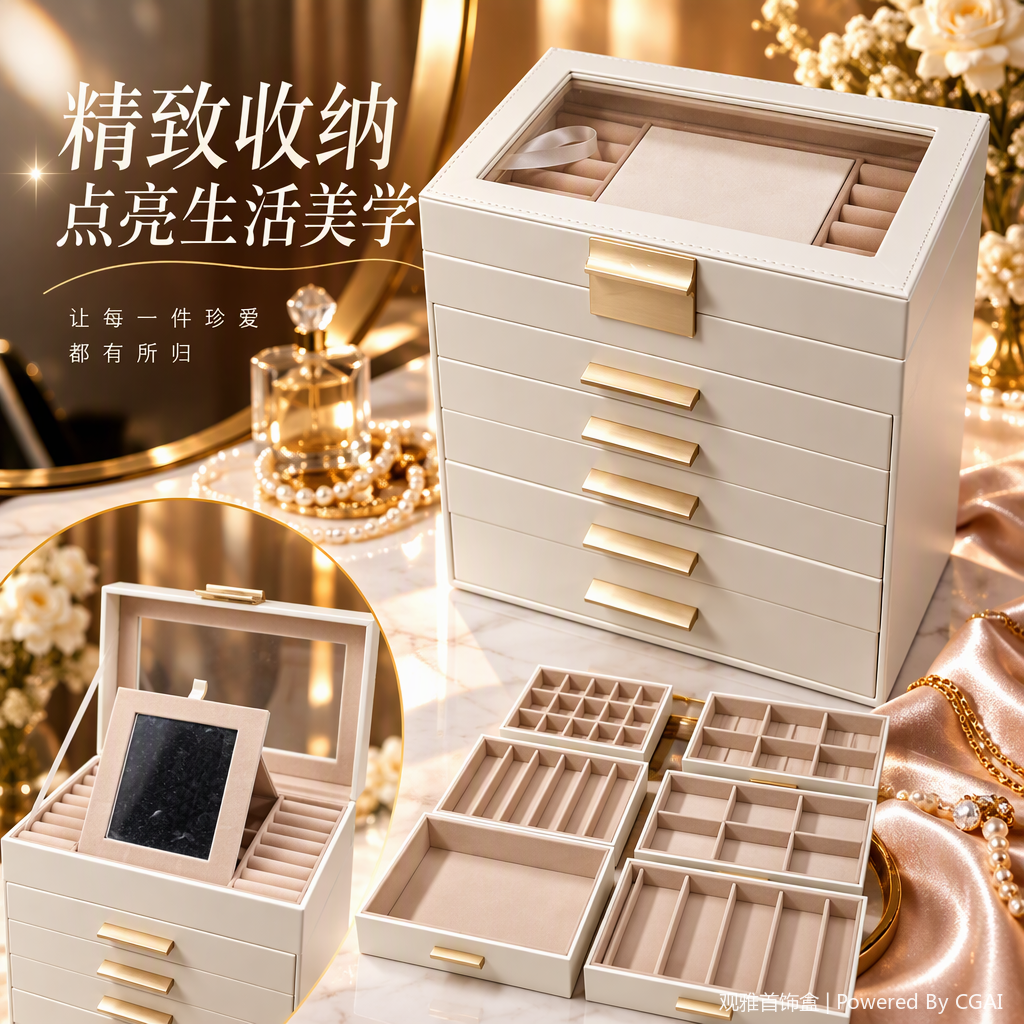 Multi-layer white jewelry storage box, organizing box, jewelry box, storage cabinet, storage box, home simple design Specification image