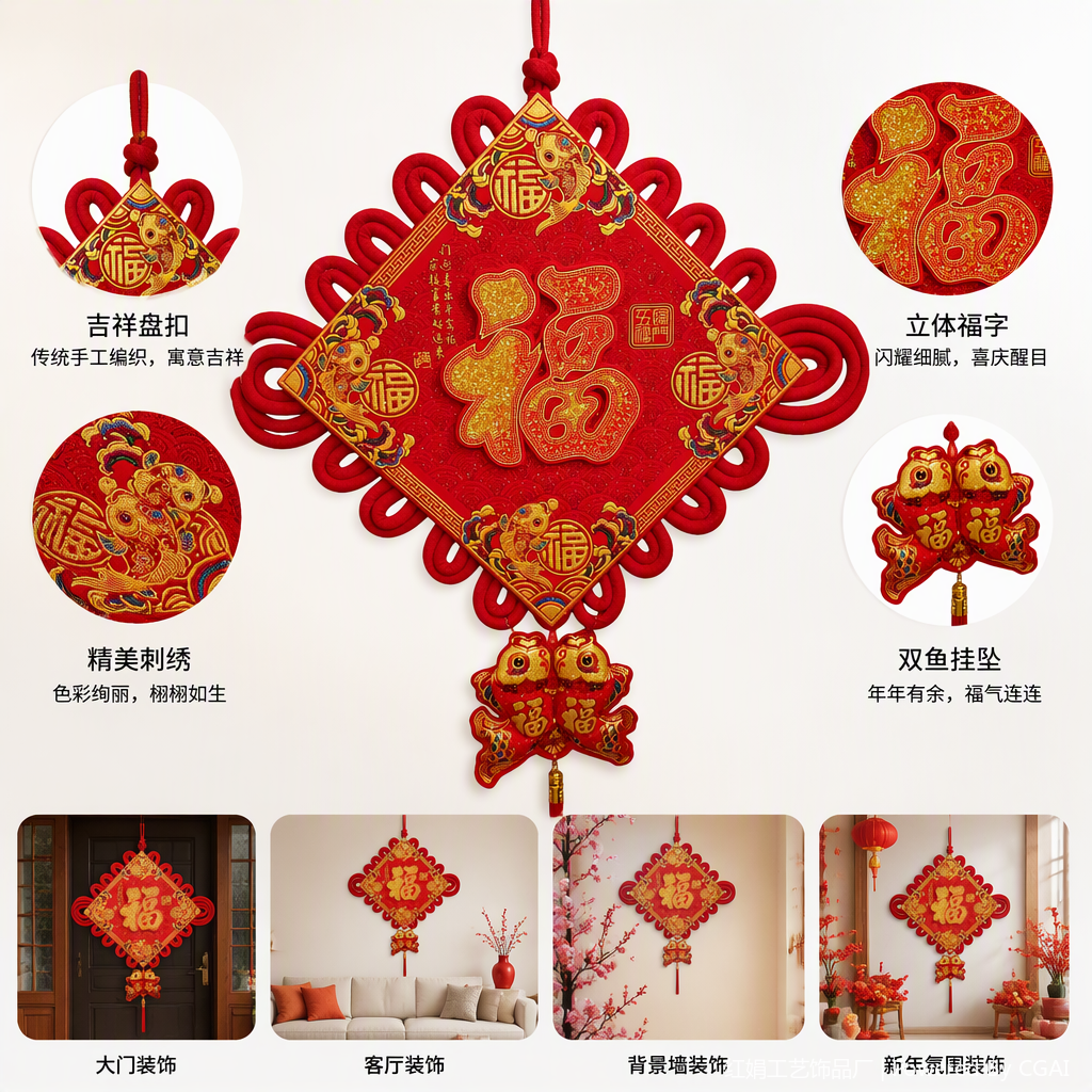 Red Chinese knot pendant, "Fu" character decoration, Chinese-style hand-woven festive home pendant